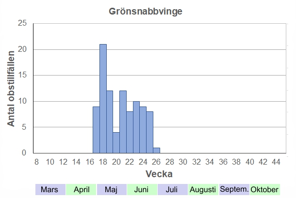 Antal observationstillfällen (inte individer) 2012-2017 fördelade på veckonummer. Ett riktigt vårtecken, även om de har en ganska lång flygtid.