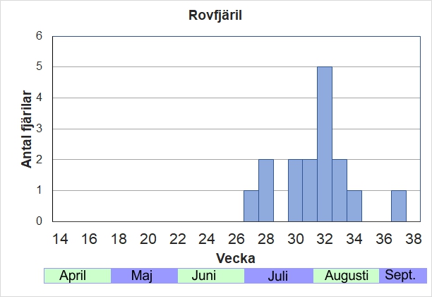 Antal individer vid inventeringar längs Listrevägen och Stormossevägen 2013-2017 fördelade på veckonummer. Här har jag aldrig sett en rovfjäril under vår-försommar, dvs första generationen.