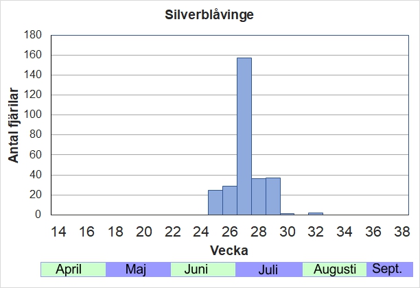 Antal individer vid inventeringar längs Listrevägen och Stormossevägen 2013-2017 fördelade på veckonummer. De första hanarna dyker upp strax före midsommar, och i början av juli är det en mycket vanlig art.