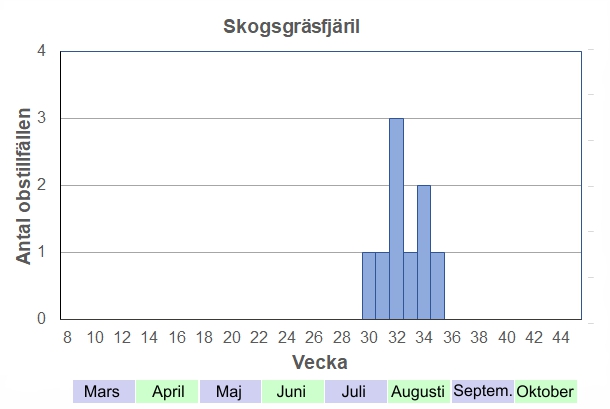 Antal observationstillfällen (inte individer) 2012-2017 fördelade på veckonummer. Eftersom den bara flyger vartannat år blir antalet obsar inte så stort. Dessutom varierar de mycket i antal mellan åren här. Under 2015 fanns de längs varenda skogsväg, men 2017 såg jag bara en enda fjäril.