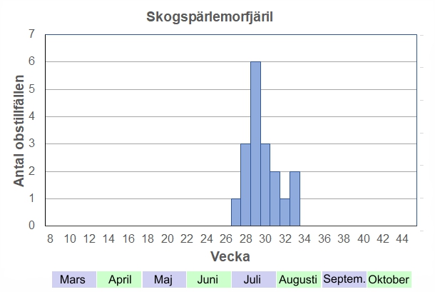 Antal observationstillfällen (inte individer) 2012-2017 fördelade på veckonummer. Flyger samtidigt som Ängspärlemorfjärilen, från midsommar till mitten av augusti, men sällan i större antal.