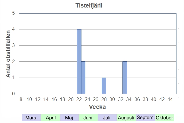 Antal observationstillfällen (inte individer) 2012-2017 fördelade på veckonummer. Denna art flyttar vissa år från söder om Medelhavet ända hit. Enstaka, slitna fjärilar ses då på försommaren. Under sensommaren kommer det under dessa år en andra generation, varav en del åter flyttar söderut. 