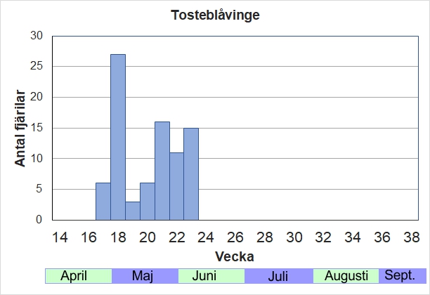 Antal individer vid inventeringar längs Listrevägen och Stormossevägen 2013-2017 fördelade på veckonummer. Första blåvingen, som flyger från tidigaste lövsprickning och en bit in i juni. Sena vårar börjar de inte flyga förrän i maj.