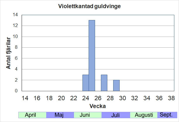 Antal individer vid inventeringar längs Listrevägen och Stormossevägen 2013-2017 fördelade på veckonummer. Flyger som mest kring midsommar.